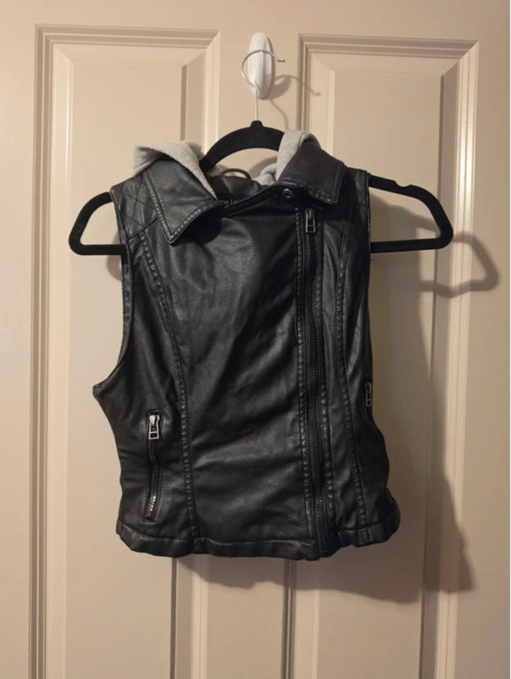 New Look black faux leather Hooded Motor Vest S